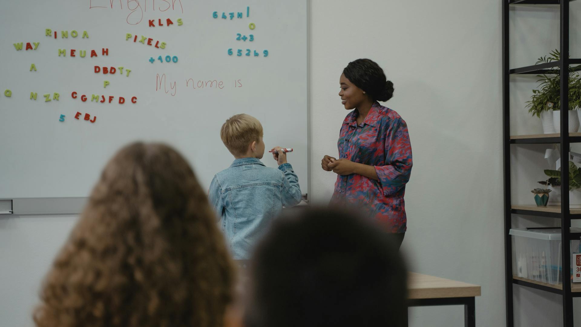 Modern school library with students learning